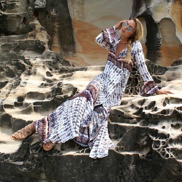 White gypsy Boho print wrap maxi dress cover up - Picture 3 of 4